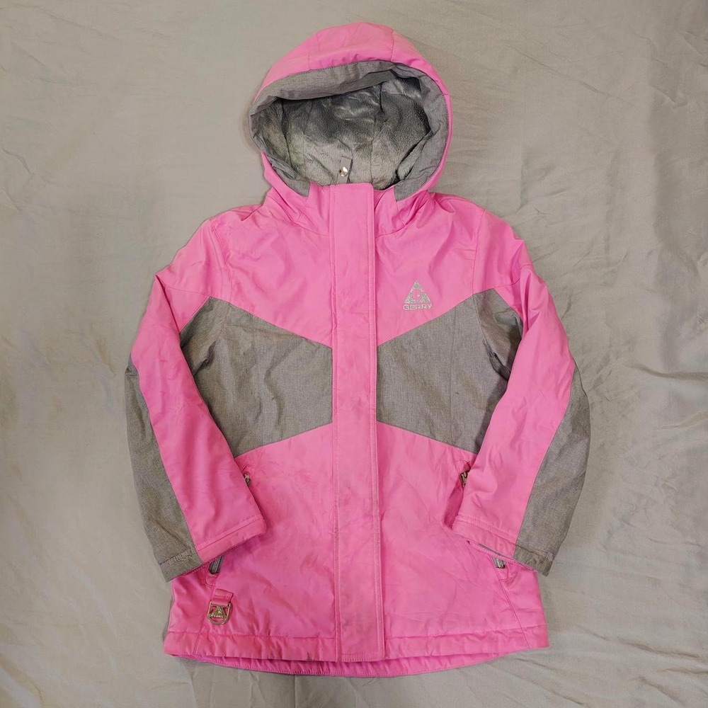 Gerry Girls Pink Grey Hooded Ski Jacket Size S 7/8 Insulated Winter Coat